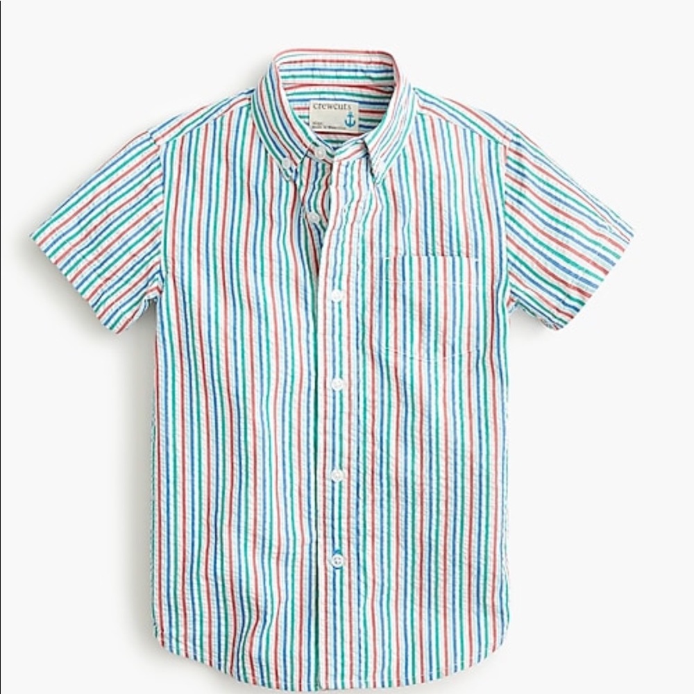 Kids short-sleeve button down in rainbow seersucker